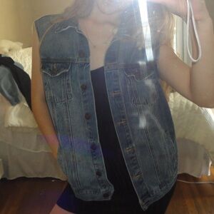 Denim Sleeveless Vest with Distressed Detail